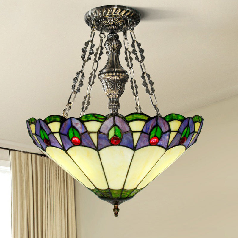 Mission Conical Pendant Chandelier 3-Light Stained Glass Hanging Light in Beige for Dining Room Beige Up Clearhalo 'Ceiling Lights' 'Chandeliers' 'Industrial' 'Middle Century Chandeliers' 'Pendant Lights' 'Tiffany Chandeliers' 'Tiffany close to ceiling' 'Tiffany' Lighting' 2388895