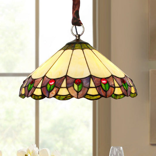 Mission Conical Pendant Chandelier 3-Light Stained Glass Hanging Light in Beige for Dining Room Beige Down Clearhalo 'Ceiling Lights' 'Chandeliers' 'Industrial' 'Middle Century Chandeliers' 'Pendant Lights' 'Tiffany Chandeliers' 'Tiffany close to ceiling' 'Tiffany' Lighting' 2388896
