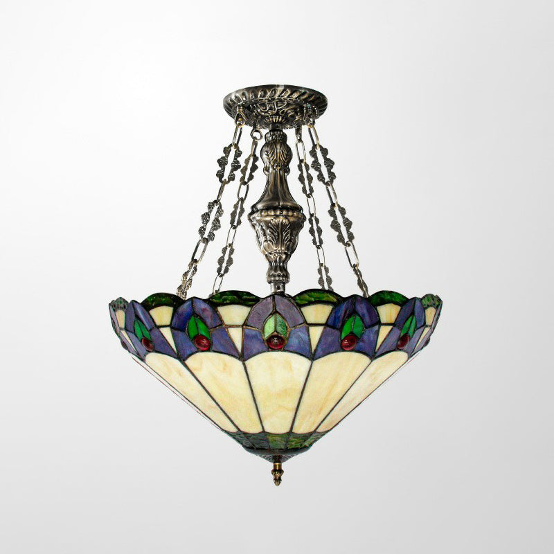 Mission Conical Pendant Chandelier 3-Light Stained Glass Hanging Light in Beige for Dining Room Clearhalo 'Ceiling Lights' 'Chandeliers' 'Industrial' 'Middle Century Chandeliers' 'Pendant Lights' 'Tiffany Chandeliers' 'Tiffany close to ceiling' 'Tiffany' Lighting' 2388897