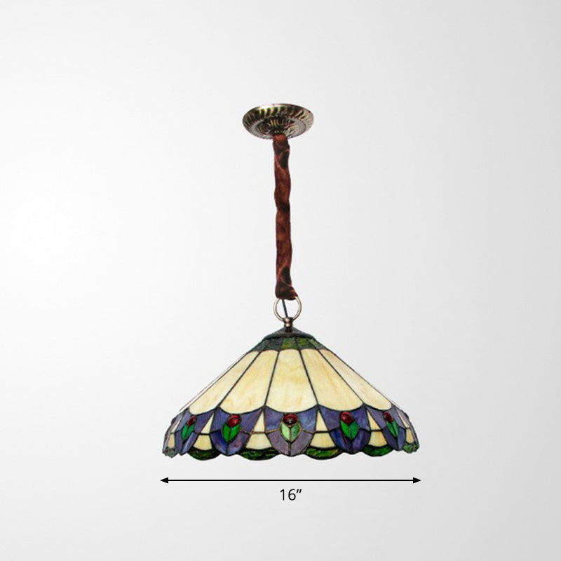 Mission Conical Pendant Chandelier 3-Light Stained Glass Hanging Light in Beige for Dining Room Clearhalo 'Ceiling Lights' 'Chandeliers' 'Industrial' 'Middle Century Chandeliers' 'Pendant Lights' 'Tiffany Chandeliers' 'Tiffany close to ceiling' 'Tiffany' Lighting' 2388899