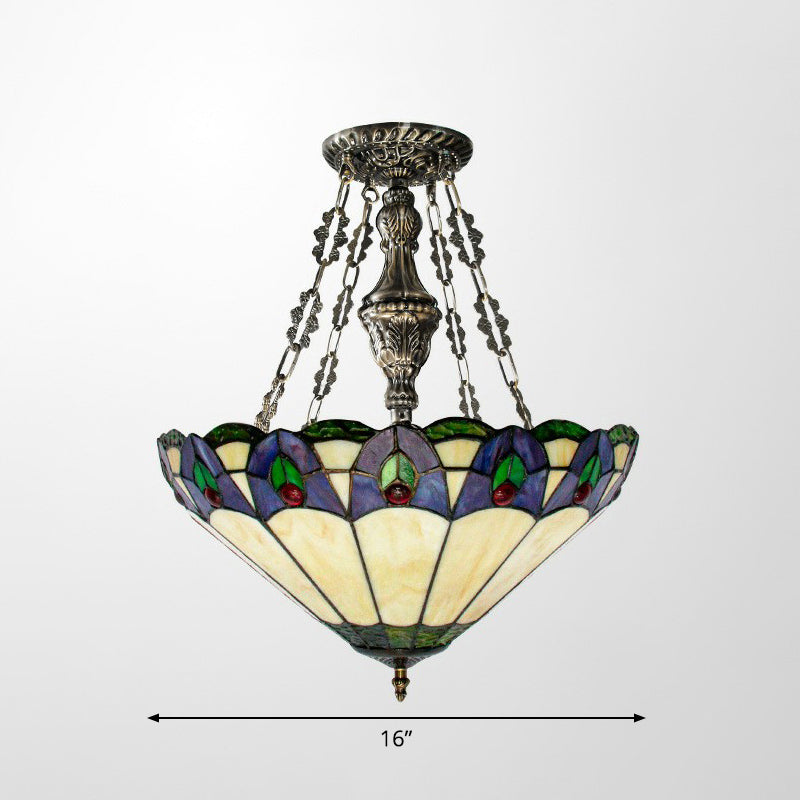 Mission Conical Pendant Chandelier 3-Light Stained Glass Hanging Light in Beige for Dining Room Clearhalo 'Ceiling Lights' 'Chandeliers' 'Industrial' 'Middle Century Chandeliers' 'Pendant Lights' 'Tiffany Chandeliers' 'Tiffany close to ceiling' 'Tiffany' Lighting' 2388900