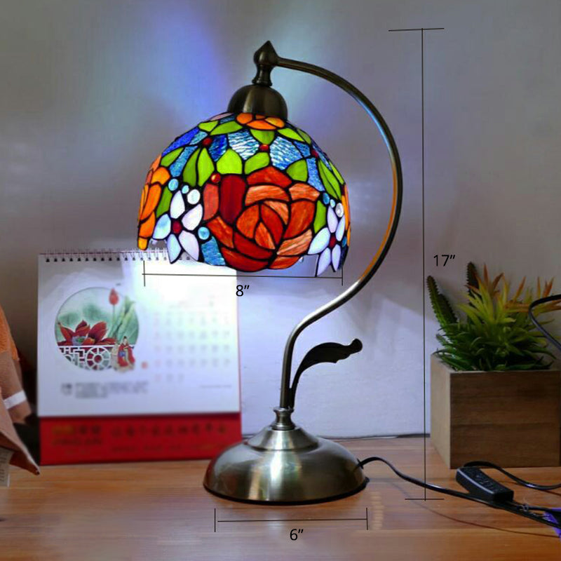 Tiffany Gooseneck Table Lamp 1 Head Metal Nightstand Light with Hand Cut Glass Shade Red Clearhalo 'Lamps' 'Table Lamps' Lighting' 2388904