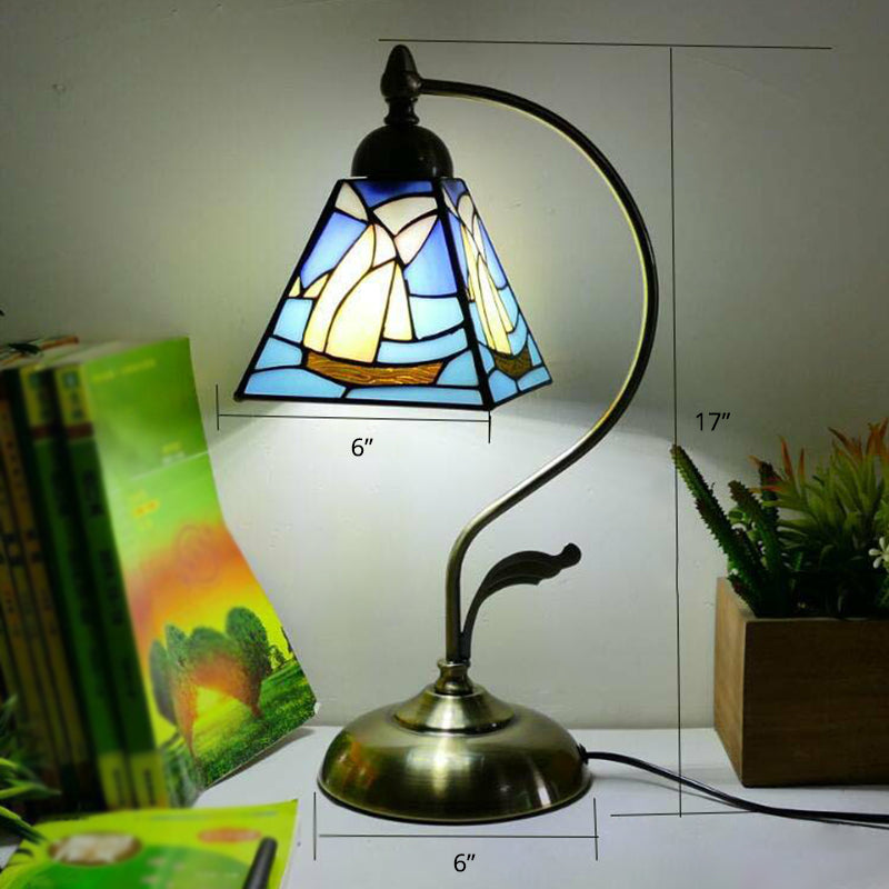 Tiffany Gooseneck Table Lamp 1 Head Metal Nightstand Light with Hand Cut Glass Shade Peacock Blue Clearhalo 'Lamps' 'Table Lamps' Lighting' 2388929