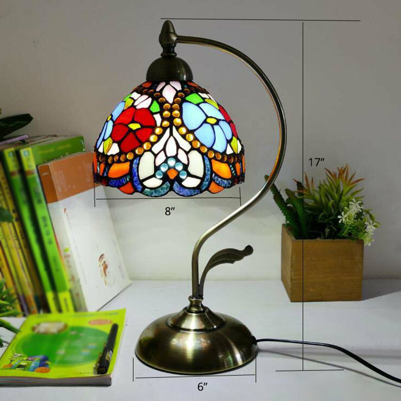 Tiffany Gooseneck Table Lamp 1 Head Metal Nightstand Light with Hand Cut Glass Shade Rose Red Clearhalo 'Lamps' 'Table Lamps' Lighting' 2388932