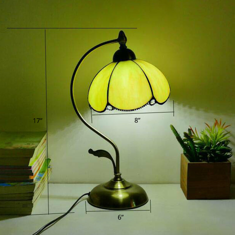 Tiffany Gooseneck Table Lamp 1 Head Metal Nightstand Light with Hand Cut Glass Shade Fluorescent Yellow Clearhalo 'Lamps' 'Table Lamps' Lighting' 2388935