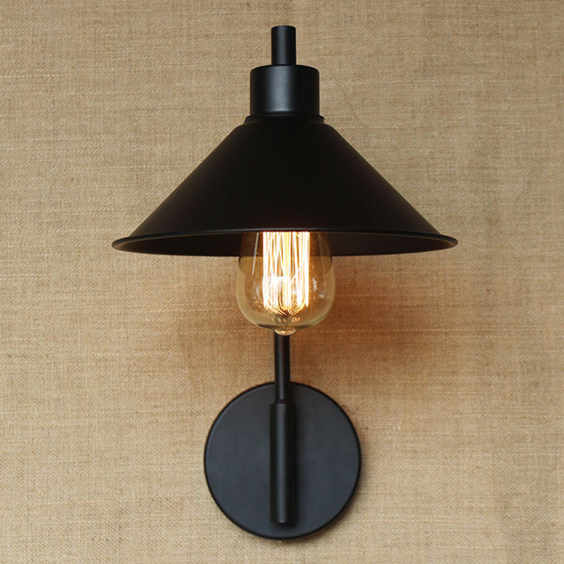 Conical Bedside Reading Light Retro Metal 1-Light Black Wall Mounted Lamp with Rolled Edge Black Clearhalo 'Art deco wall lights' 'Cast Iron' 'Glass' 'Industrial wall lights' 'Industrial' 'Middle century wall lights' 'Modern' 'Rustic wall lights' 'Tiffany' 'Traditional wall lights' 'Wall Lamps & Sconces' 'Wall Lights' Lighting' 2388951