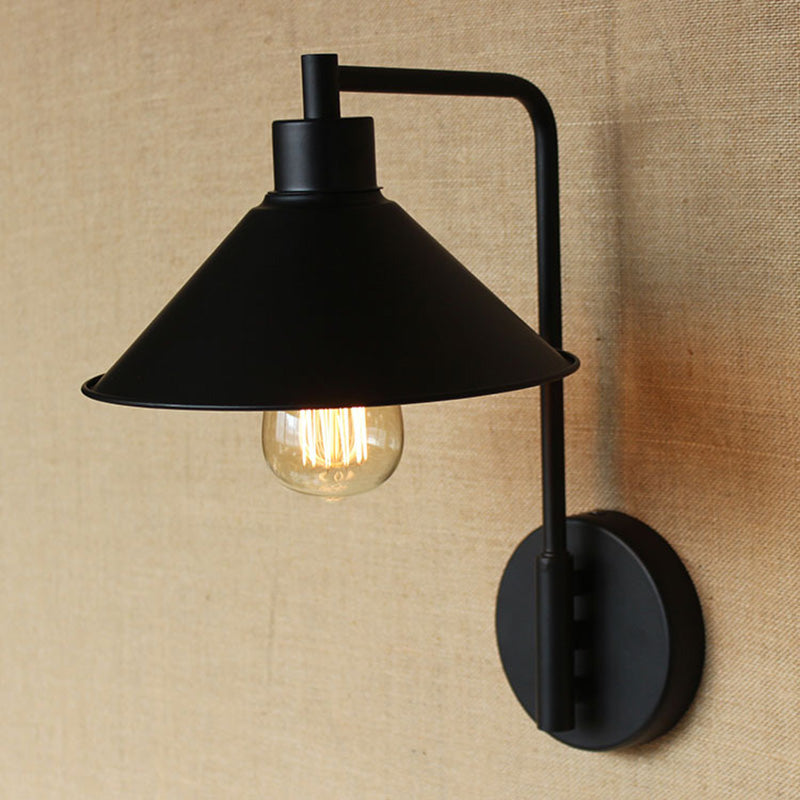 Conical Bedside Reading Light Retro Metal 1-Light Black Wall Mounted Lamp with Rolled Edge Clearhalo 'Art deco wall lights' 'Cast Iron' 'Glass' 'Industrial wall lights' 'Industrial' 'Middle century wall lights' 'Modern' 'Rustic wall lights' 'Tiffany' 'Traditional wall lights' 'Wall Lamps & Sconces' 'Wall Lights' Lighting' 2388952