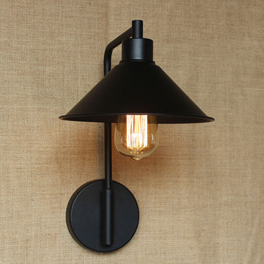 Conical Bedside Reading Light Retro Metal 1-Light Black Wall Mounted Lamp with Rolled Edge Clearhalo 'Art deco wall lights' 'Cast Iron' 'Glass' 'Industrial wall lights' 'Industrial' 'Middle century wall lights' 'Modern' 'Rustic wall lights' 'Tiffany' 'Traditional wall lights' 'Wall Lamps & Sconces' 'Wall Lights' Lighting' 2388953