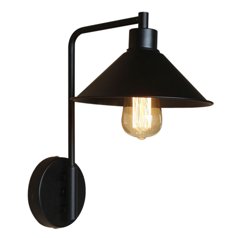 Conical Bedside Reading Light Retro Metal 1-Light Black Wall Mounted Lamp with Rolled Edge Clearhalo 'Art deco wall lights' 'Cast Iron' 'Glass' 'Industrial wall lights' 'Industrial' 'Middle century wall lights' 'Modern' 'Rustic wall lights' 'Tiffany' 'Traditional wall lights' 'Wall Lamps & Sconces' 'Wall Lights' Lighting' 2388954