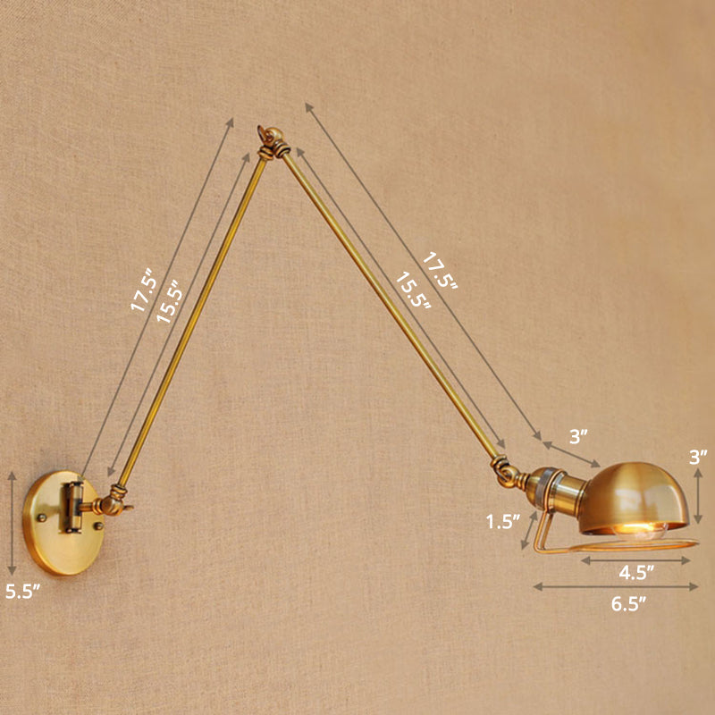 Single Dome Wall Mounted Reading Light Industrial Style Metal Wall Lamp with Swing Arm Brass 16"+16" Clearhalo 'Art deco wall lights' 'Cast Iron' 'Glass' 'Industrial wall lights' 'Industrial' 'Middle century wall lights' 'Modern' 'Rustic wall lights' 'Tiffany' 'Traditional wall lights' 'Wall Lamps & Sconces' 'Wall Lights' Lighting' 2389000