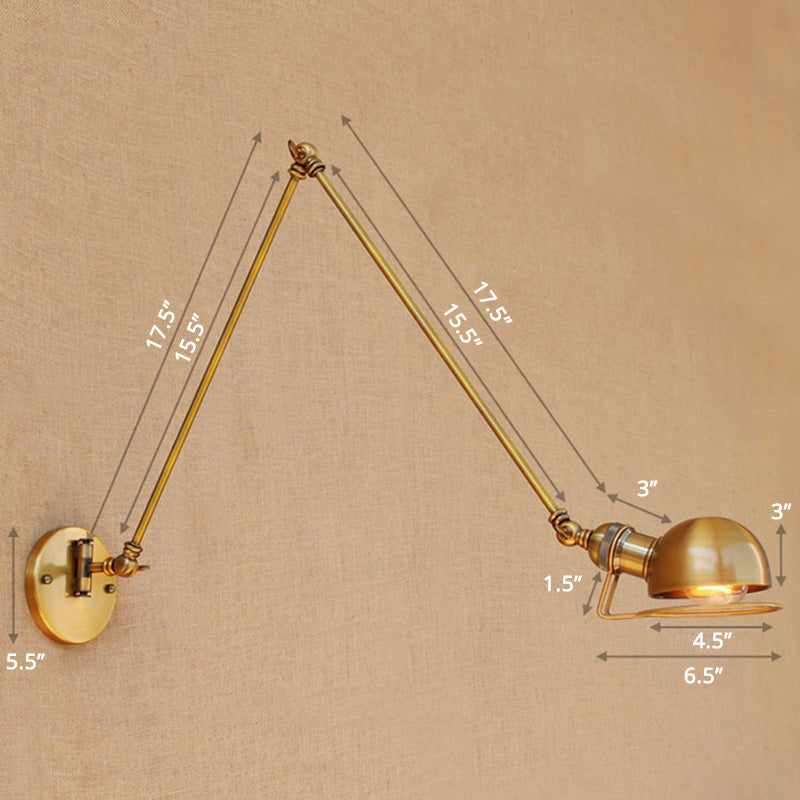 Single Dome Wall Mounted Reading Light Industrial Style Metal Wall Lamp with Swing Arm Brass 16"+16" Clearhalo 'Art deco wall lights' 'Cast Iron' 'Glass' 'Industrial wall lights' 'Industrial' 'Middle century wall lights' 'Modern' 'Rustic wall lights' 'Tiffany' 'Traditional wall lights' 'Wall Lamps & Sconces' 'Wall Lights' Lighting' 2389000