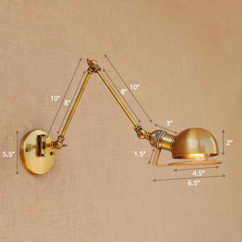 Single Dome Wall Mounted Reading Light Industrial Style Metal Wall Lamp with Swing Arm Brass 8"+8" Clearhalo 'Art deco wall lights' 'Cast Iron' 'Glass' 'Industrial wall lights' 'Industrial' 'Middle century wall lights' 'Modern' 'Rustic wall lights' 'Tiffany' 'Traditional wall lights' 'Wall Lamps & Sconces' 'Wall Lights' Lighting' 2389002