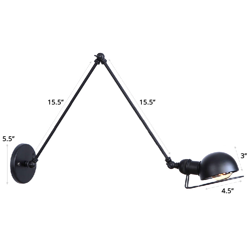 Single Dome Wall Mounted Reading Light Industrial Style Metal Wall Lamp with Swing Arm Black 16"+16" Clearhalo 'Art deco wall lights' 'Cast Iron' 'Glass' 'Industrial wall lights' 'Industrial' 'Middle century wall lights' 'Modern' 'Rustic wall lights' 'Tiffany' 'Traditional wall lights' 'Wall Lamps & Sconces' 'Wall Lights' Lighting' 2389003