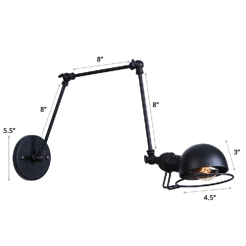 Single Dome Wall Mounted Reading Light Industrial Style Metal Wall Lamp with Swing Arm Black 8"+8"+8" Clearhalo 'Art deco wall lights' 'Cast Iron' 'Glass' 'Industrial wall lights' 'Industrial' 'Middle century wall lights' 'Modern' 'Rustic wall lights' 'Tiffany' 'Traditional wall lights' 'Wall Lamps & Sconces' 'Wall Lights' Lighting' 2389005