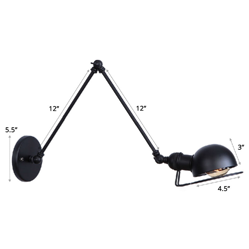 Single Dome Wall Mounted Reading Light Industrial Style Metal Wall Lamp with Swing Arm Black 12"+12" Clearhalo 'Art deco wall lights' 'Cast Iron' 'Glass' 'Industrial wall lights' 'Industrial' 'Middle century wall lights' 'Modern' 'Rustic wall lights' 'Tiffany' 'Traditional wall lights' 'Wall Lamps & Sconces' 'Wall Lights' Lighting' 2389006