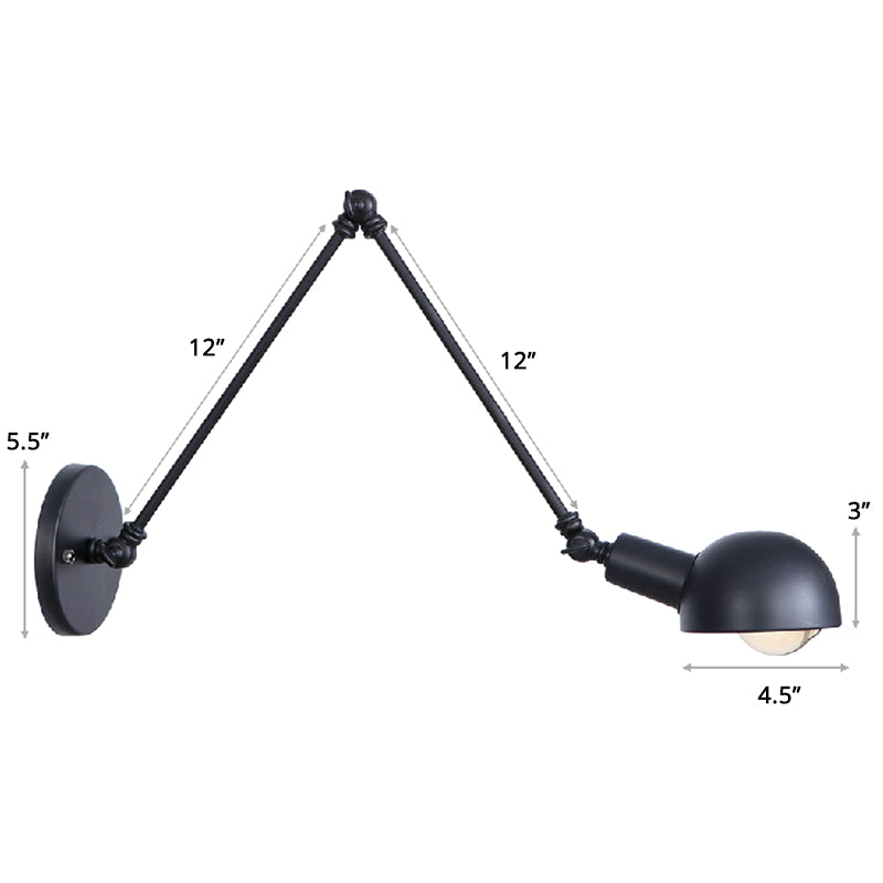 Single Dome Wall Mounted Reading Light Industrial Style Metal Wall Lamp with Swing Arm Matte Black 12"+12" Clearhalo 'Art deco wall lights' 'Cast Iron' 'Glass' 'Industrial wall lights' 'Industrial' 'Middle century wall lights' 'Modern' 'Rustic wall lights' 'Tiffany' 'Traditional wall lights' 'Wall Lamps & Sconces' 'Wall Lights' Lighting' 2389008