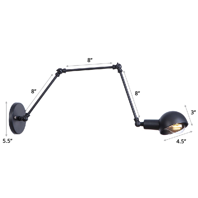 Single Dome Wall Mounted Reading Light Industrial Style Metal Wall Lamp with Swing Arm Matte Black 8"+8"+8" Clearhalo 'Art deco wall lights' 'Cast Iron' 'Glass' 'Industrial wall lights' 'Industrial' 'Middle century wall lights' 'Modern' 'Rustic wall lights' 'Tiffany' 'Traditional wall lights' 'Wall Lamps & Sconces' 'Wall Lights' Lighting' 2389010