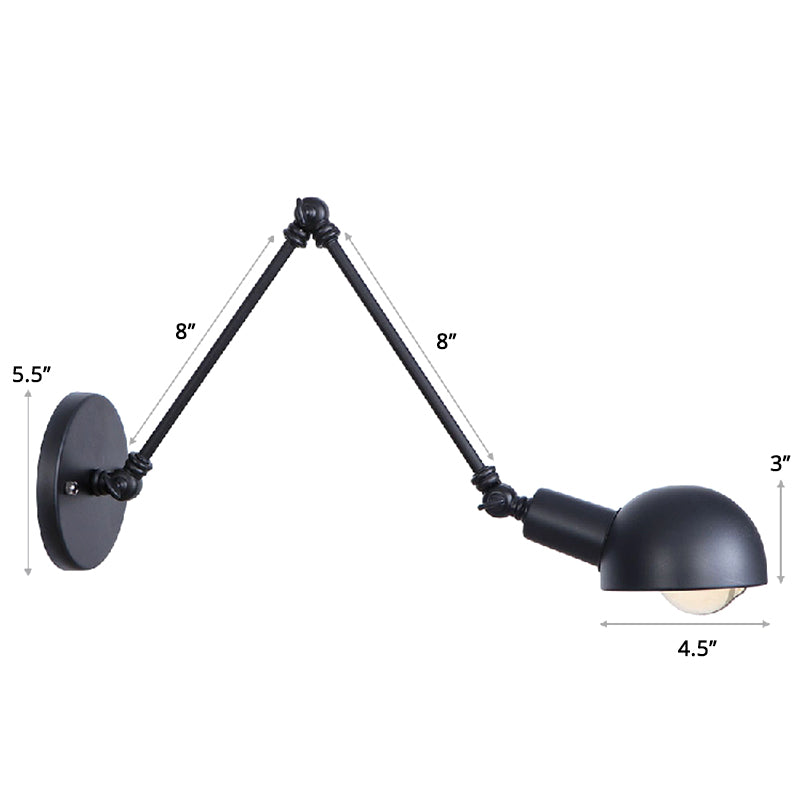Single Dome Wall Mounted Reading Light Industrial Style Metal Wall Lamp with Swing Arm Matte Black 8"+8" Clearhalo 'Art deco wall lights' 'Cast Iron' 'Glass' 'Industrial wall lights' 'Industrial' 'Middle century wall lights' 'Modern' 'Rustic wall lights' 'Tiffany' 'Traditional wall lights' 'Wall Lamps & Sconces' 'Wall Lights' Lighting' 2389011