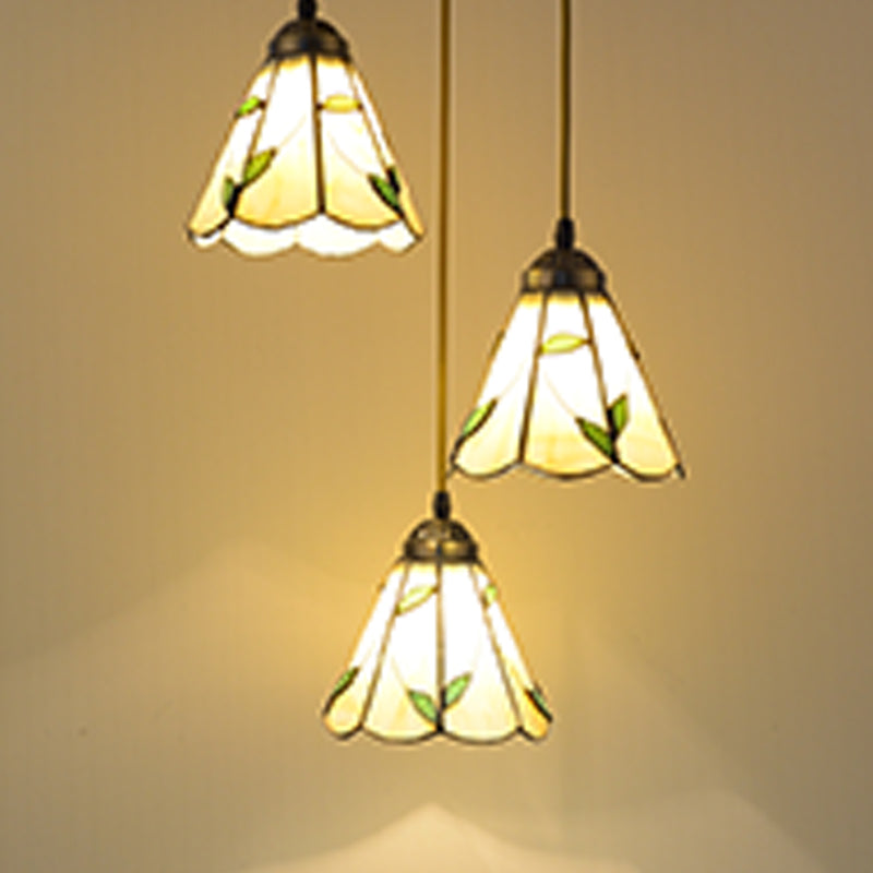 Beige 3 Bulbs Cluster Pendant Tiffany Stained Glass Scalloped Suspension Lighting for Dining Room Clearhalo 'Ceiling Lights' 'Close To Ceiling Lights' 'Glass shade' 'Glass' 'Industrial' 'Middle Century Pendants' 'Pendant Lights' 'Pendants' 'Tiffany close to ceiling' 'Tiffany Pendants' 'Tiffany' Lighting' 2389036