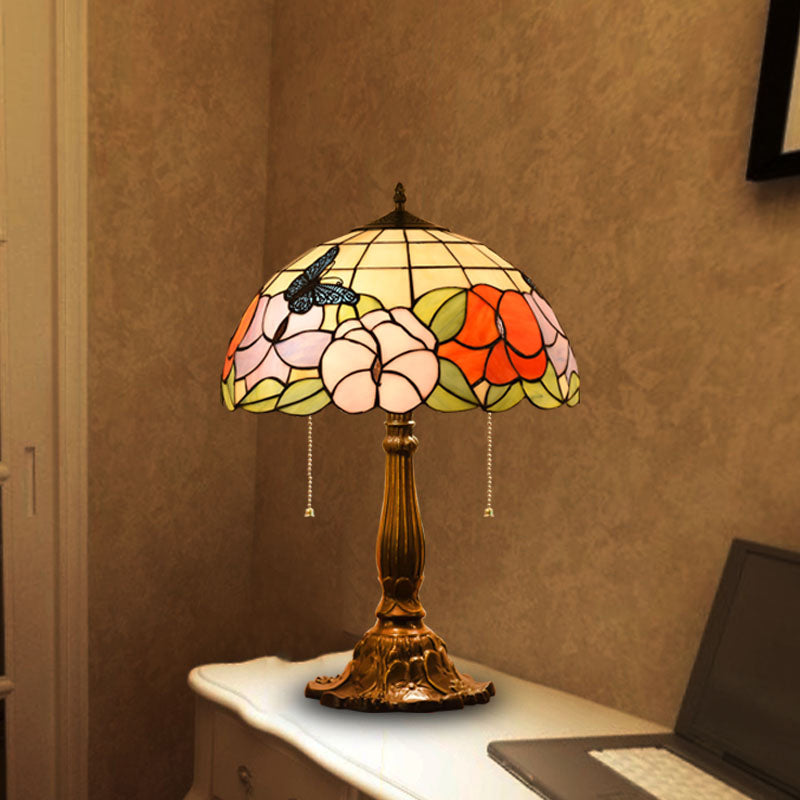 Stained Glass Bronze Night Lamp Hemispherical 2-Head Tiffany Table Light with Pull Chain Bronze Flower Clearhalo 'Lamps' 'Table Lamps' Lighting' 2389045