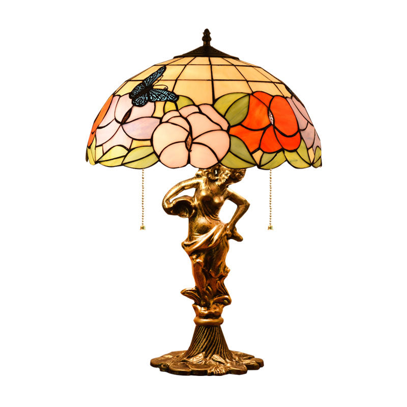 Stained Glass Bronze Night Lamp Hemispherical 2-Head Tiffany Table Light with Pull Chain Clearhalo 'Lamps' 'Table Lamps' Lighting' 2389049