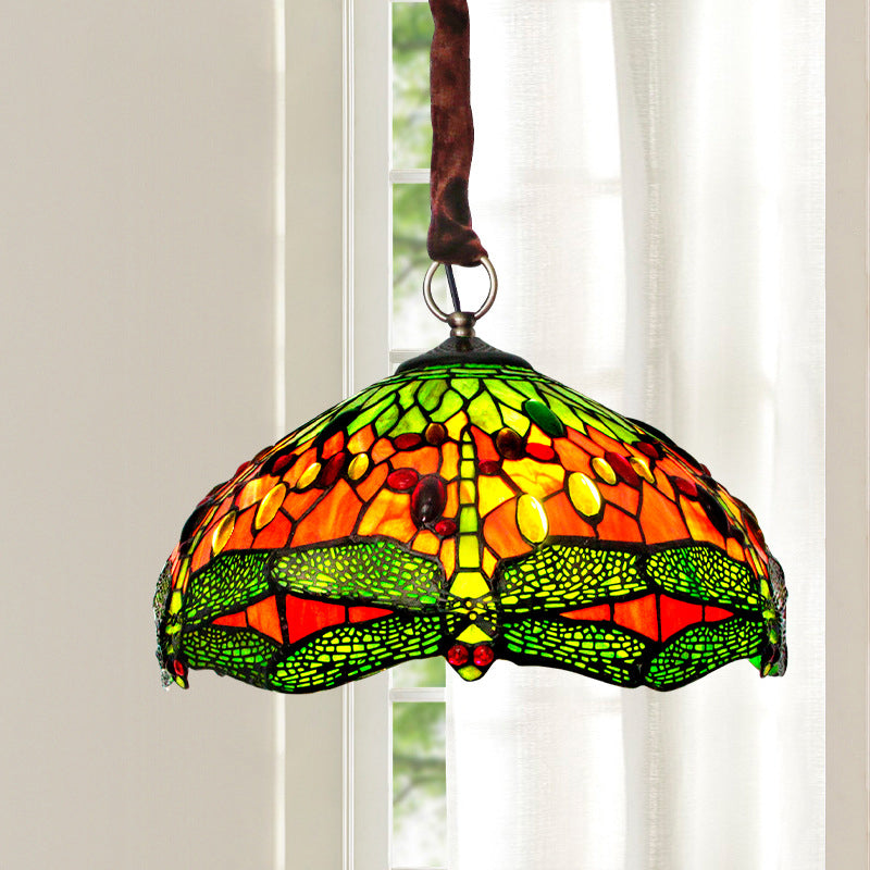 Green 3 Lights Suspension Lamp Tiffany Stained Glass Bowl Chandelier with Dragonfly Pattern and Gem-Like Cabochons Clearhalo 'Ceiling Lights' 'Chandeliers' 'Close To Ceiling Lights' 'Industrial' 'Middle Century Chandeliers' 'Tiffany Chandeliers' 'Tiffany close to ceiling' 'Tiffany' Lighting' 2389136