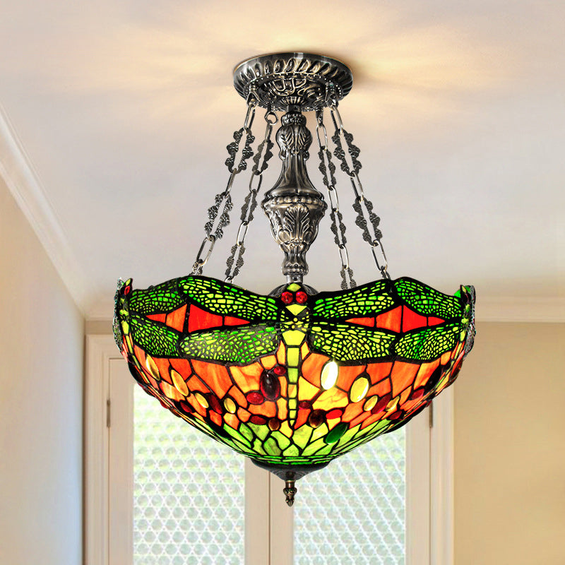 Green 3 Lights Suspension Lamp Tiffany Stained Glass Bowl Chandelier with Dragonfly Pattern and Gem-Like Cabochons Clearhalo 'Ceiling Lights' 'Chandeliers' 'Close To Ceiling Lights' 'Industrial' 'Middle Century Chandeliers' 'Tiffany Chandeliers' 'Tiffany close to ceiling' 'Tiffany' Lighting' 2389137