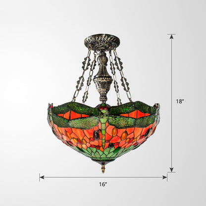 Green 3 Lights Suspension Lamp Tiffany Stained Glass Bowl Chandelier with Dragonfly Pattern and Gem-Like Cabochons Green Up Clearhalo 'Ceiling Lights' 'Chandeliers' 'Close To Ceiling Lights' 'Industrial' 'Middle Century Chandeliers' 'Tiffany Chandeliers' 'Tiffany close to ceiling' 'Tiffany' Lighting' 2389142