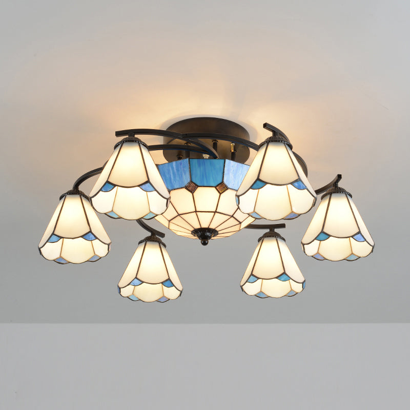 Mediterranean Flower Ceiling Flush Light Stained Art Glass Semi Mount Lighting for Bedroom 9 Blue Clearhalo 'Ceiling Lights' 'Chandeliers' 'Close To Ceiling Lights' 'Close to ceiling' 'Semi-flushmount' 'Tiffany close to ceiling' 'Tiffany' Lighting' 2389144