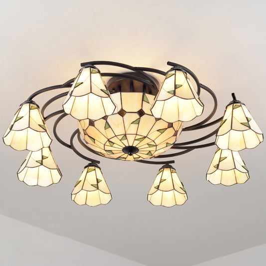 Mediterranean Flower Ceiling Flush Light Stained Art Glass Semi Mount Lighting for Bedroom 11 Green Clearhalo 'Ceiling Lights' 'Chandeliers' 'Close To Ceiling Lights' 'Close to ceiling' 'Semi-flushmount' 'Tiffany close to ceiling' 'Tiffany' Lighting' 2389147