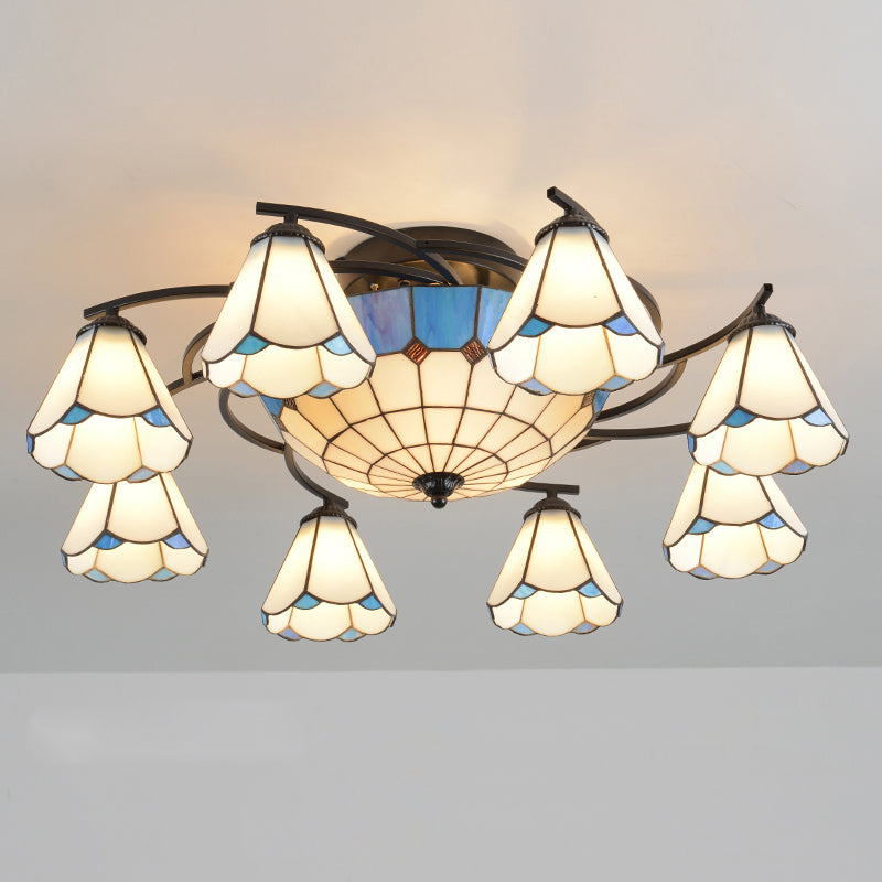 Mediterranean Flower Ceiling Flush Light Stained Art Glass Semi Mount Lighting for Bedroom 11 Blue Clearhalo 'Ceiling Lights' 'Chandeliers' 'Close To Ceiling Lights' 'Close to ceiling' 'Semi-flushmount' 'Tiffany close to ceiling' 'Tiffany' Lighting' 2389150