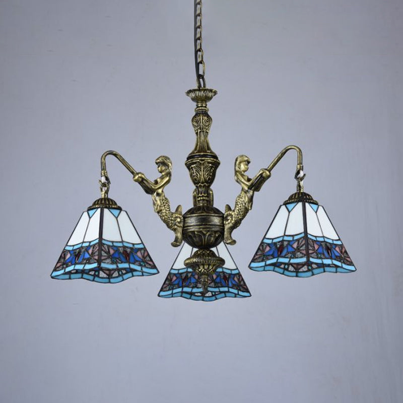 Pyramid Ceiling Chandelier Stained Glass Tiffany Style Hanging Light with Mermaid Deco in Bronze Clearhalo 'Ceiling Lights' 'Chandeliers' 'Industrial' 'Middle Century Chandeliers' 'Tiffany Chandeliers' 'Tiffany close to ceiling' 'Tiffany' Lighting' 2389155