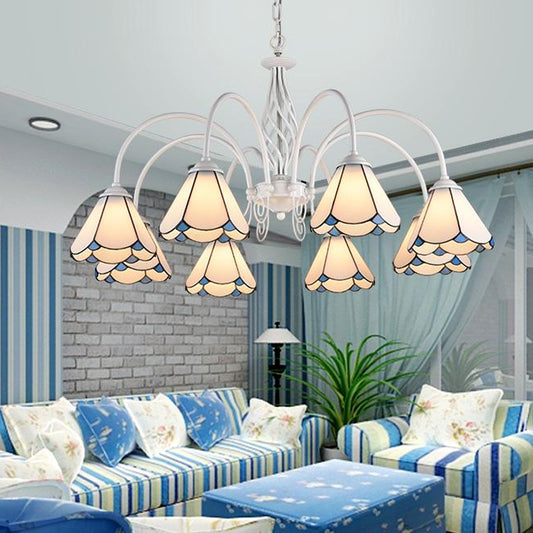 Living Room Chandelier Mediterranean Style White Suspension Lamp with Scalloped Cut Glass Shade 8 White Down Clearhalo 'Ceiling Lights' 'Chandeliers' 'Industrial' 'Middle Century Chandeliers' 'Tiffany Chandeliers' 'Tiffany close to ceiling' 'Tiffany' Lighting' 2389163