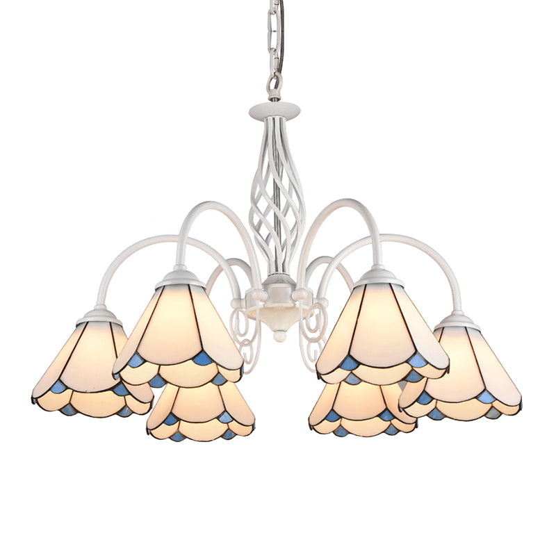 Living Room Chandelier Mediterranean Style White Suspension Lamp with Scalloped Cut Glass Shade Clearhalo 'Ceiling Lights' 'Chandeliers' 'Industrial' 'Middle Century Chandeliers' 'Tiffany Chandeliers' 'Tiffany close to ceiling' 'Tiffany' Lighting' 2389165