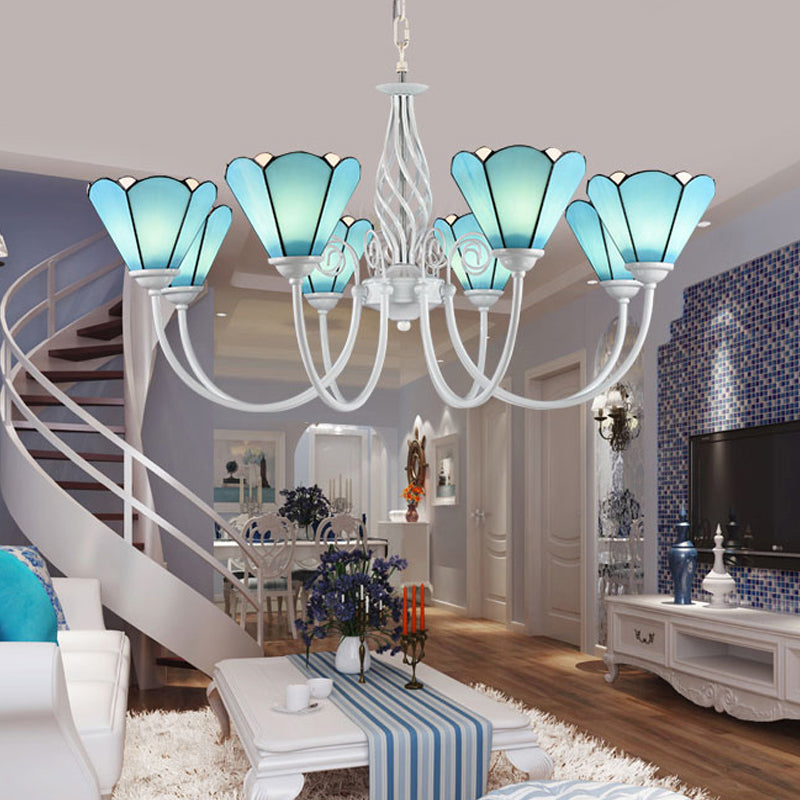 Conical Hanging Ceiling Light Mediterranean Blue Handcrafted Glass Chandelier with White Arched Arm Clearhalo 'Ceiling Lights' 'Chandeliers' 'Close To Ceiling Lights' 'Industrial' 'Middle Century Chandeliers' 'Tiffany Chandeliers' 'Tiffany close to ceiling' 'Tiffany' Lighting' 2389166