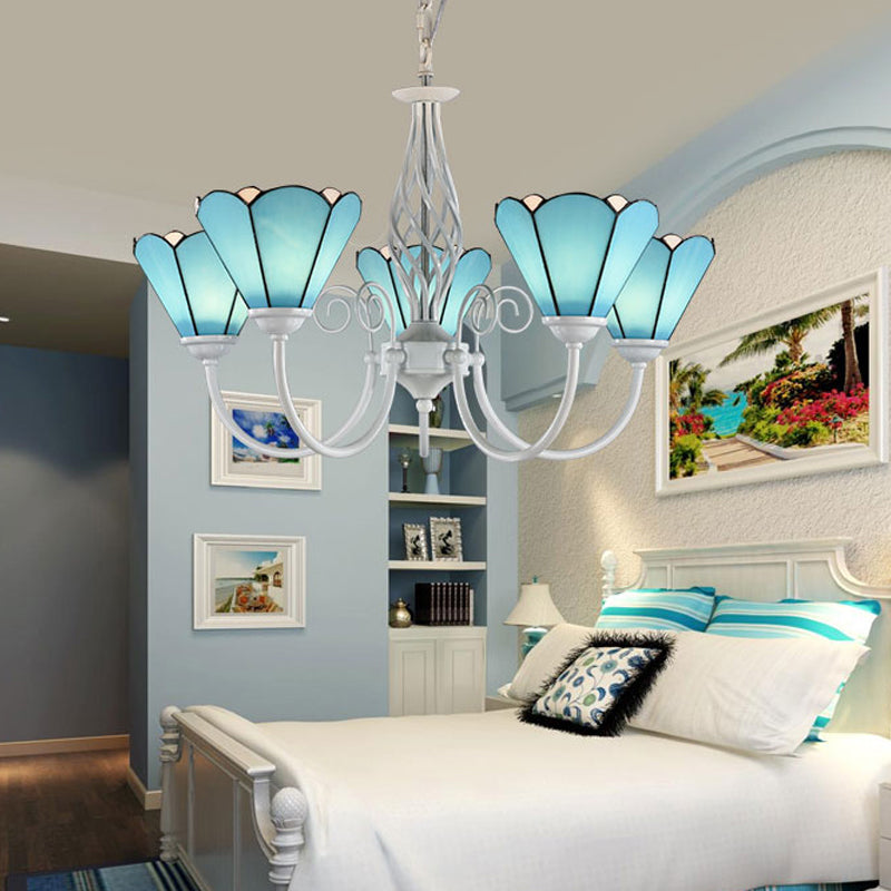 Conical Hanging Ceiling Light Mediterranean Blue Handcrafted Glass Chandelier with White Arched Arm 5 Blue Up Clearhalo 'Ceiling Lights' 'Chandeliers' 'Close To Ceiling Lights' 'Industrial' 'Middle Century Chandeliers' 'Tiffany Chandeliers' 'Tiffany close to ceiling' 'Tiffany' Lighting' 2389167