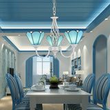 Conical Hanging Ceiling Light Mediterranean Blue Handcrafted Glass Chandelier with White Arched Arm 3 Blue Up Clearhalo 'Ceiling Lights' 'Chandeliers' 'Close To Ceiling Lights' 'Industrial' 'Middle Century Chandeliers' 'Tiffany Chandeliers' 'Tiffany close to ceiling' 'Tiffany' Lighting' 2389168