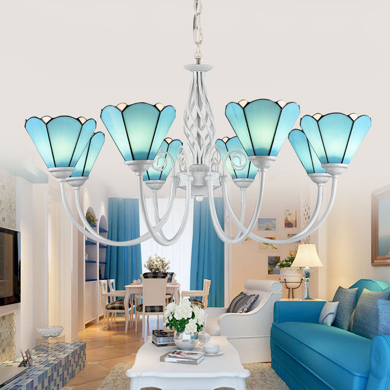 Conical Hanging Ceiling Light Mediterranean Blue Handcrafted Glass Chandelier with White Arched Arm 8 Blue Up Clearhalo 'Ceiling Lights' 'Chandeliers' 'Close To Ceiling Lights' 'Industrial' 'Middle Century Chandeliers' 'Tiffany Chandeliers' 'Tiffany close to ceiling' 'Tiffany' Lighting' 2389169