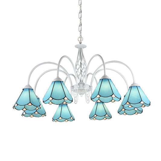 Conical Hanging Ceiling Light Mediterranean Blue Handcrafted Glass Chandelier with White Arched Arm 8 Blue Down Clearhalo 'Ceiling Lights' 'Chandeliers' 'Close To Ceiling Lights' 'Industrial' 'Middle Century Chandeliers' 'Tiffany Chandeliers' 'Tiffany close to ceiling' 'Tiffany' Lighting' 2389170