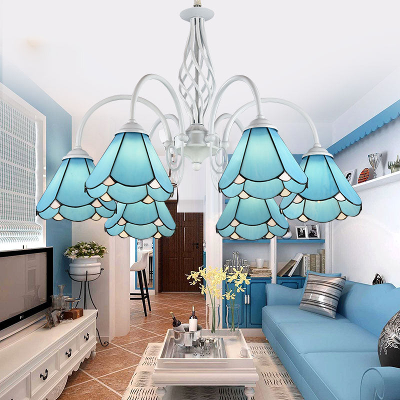 Conical Hanging Ceiling Light Mediterranean Blue Handcrafted Glass Chandelier with White Arched Arm Clearhalo 'Ceiling Lights' 'Chandeliers' 'Close To Ceiling Lights' 'Industrial' 'Middle Century Chandeliers' 'Tiffany Chandeliers' 'Tiffany close to ceiling' 'Tiffany' Lighting' 2389171