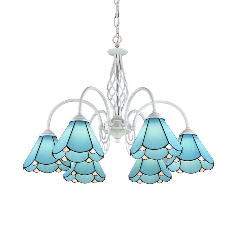 Conical Hanging Ceiling Light Mediterranean Blue Handcrafted Glass Chandelier with White Arched Arm 6 Blue Down Clearhalo 'Ceiling Lights' 'Chandeliers' 'Close To Ceiling Lights' 'Industrial' 'Middle Century Chandeliers' 'Tiffany Chandeliers' 'Tiffany close to ceiling' 'Tiffany' Lighting' 2389172
