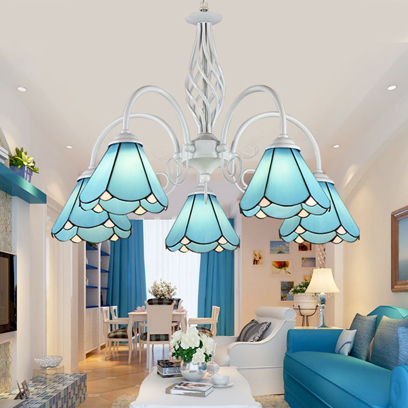Conical Hanging Ceiling Light Mediterranean Blue Handcrafted Glass Chandelier with White Arched Arm Clearhalo 'Ceiling Lights' 'Chandeliers' 'Close To Ceiling Lights' 'Industrial' 'Middle Century Chandeliers' 'Tiffany Chandeliers' 'Tiffany close to ceiling' 'Tiffany' Lighting' 2389173