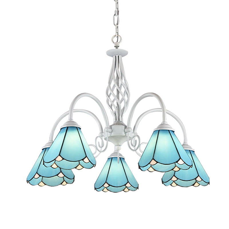 Conical Hanging Ceiling Light Mediterranean Blue Handcrafted Glass Chandelier with White Arched Arm 5 Blue Down Clearhalo 'Ceiling Lights' 'Chandeliers' 'Close To Ceiling Lights' 'Industrial' 'Middle Century Chandeliers' 'Tiffany Chandeliers' 'Tiffany close to ceiling' 'Tiffany' Lighting' 2389174
