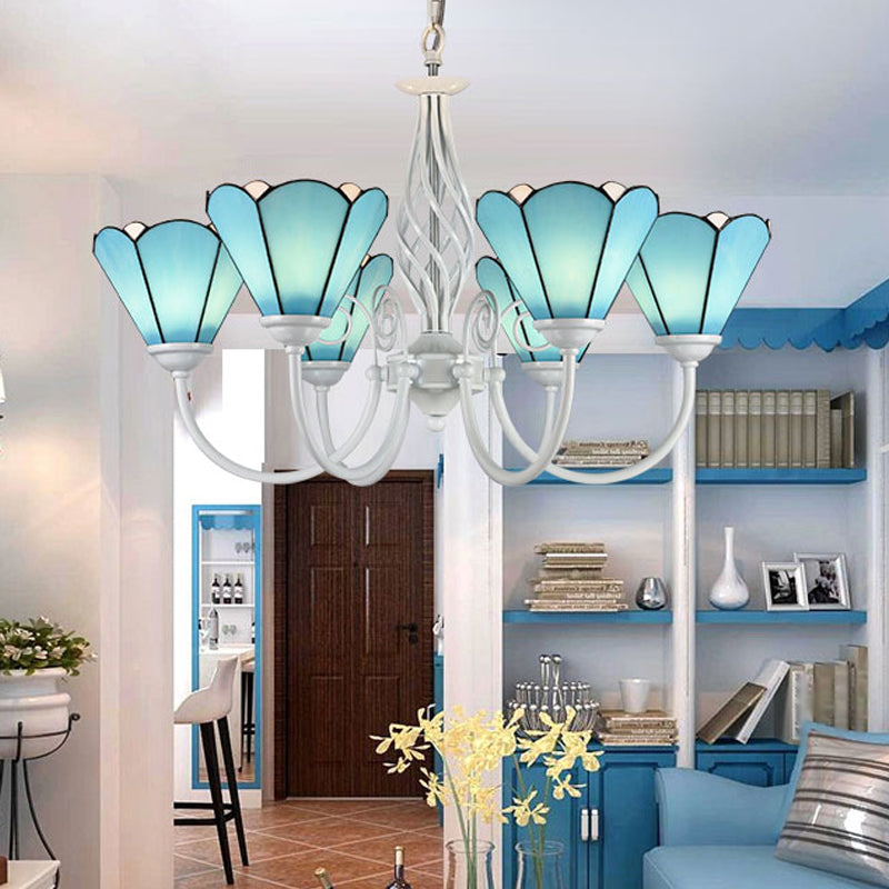 Conical Hanging Ceiling Light Mediterranean Blue Handcrafted Glass Chandelier with White Arched Arm 6 Blue Up Clearhalo 'Ceiling Lights' 'Chandeliers' 'Close To Ceiling Lights' 'Industrial' 'Middle Century Chandeliers' 'Tiffany Chandeliers' 'Tiffany close to ceiling' 'Tiffany' Lighting' 2389175