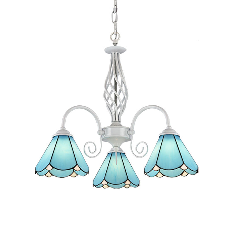 Conical Hanging Ceiling Light Mediterranean Blue Handcrafted Glass Chandelier with White Arched Arm 3 Blue Down Clearhalo 'Ceiling Lights' 'Chandeliers' 'Close To Ceiling Lights' 'Industrial' 'Middle Century Chandeliers' 'Tiffany Chandeliers' 'Tiffany close to ceiling' 'Tiffany' Lighting' 2389176