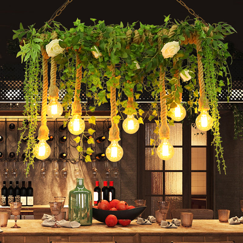 Green Island Light Fixture Rustic Wooden Linear Suspension Lamp with Decorative Vines and Rose Clearhalo 'Ceiling Lights' 'Island Lights' Lighting' 2389178