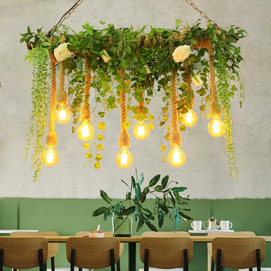 Green Island Light Fixture Rustic Wooden Linear Suspension Lamp with Decorative Vines and Rose Clearhalo 'Ceiling Lights' 'Island Lights' Lighting' 2389180