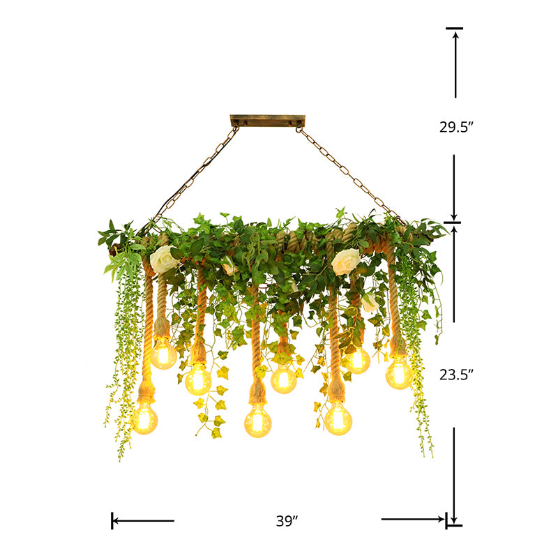 Green Island Light Fixture Rustic Wooden Linear Suspension Lamp with Decorative Vines and Rose Clearhalo 'Ceiling Lights' 'Island Lights' Lighting' 2389181