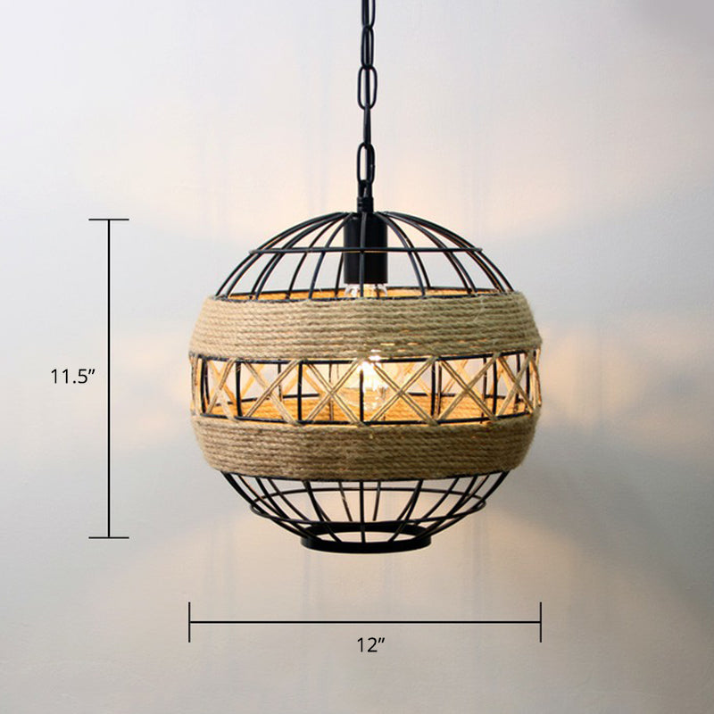 Hand-Wrapped Rope Caged Pendant Light Country Style 1 Bulb Restaurant Ceiling Lamp in Light Brown Light Brown Globe Clearhalo 'Ceiling Lights' 'Industrial Pendants' 'Industrial' 'Middle Century Pendants' 'Pendant Lights' 'Pendants' 'Tiffany' Lighting' 2389183