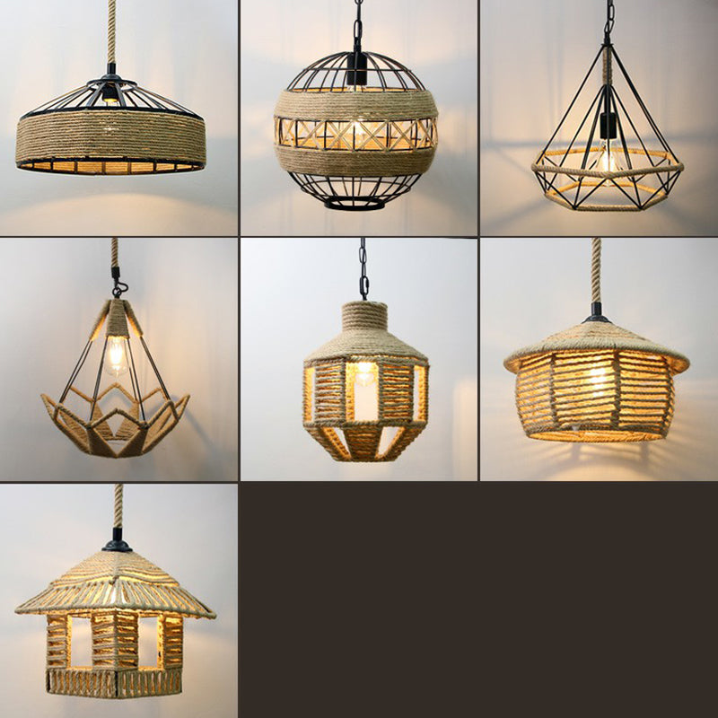 Hand-Wrapped Rope Caged Pendant Light Country Style 1 Bulb Restaurant Ceiling Lamp in Light Brown Clearhalo 'Ceiling Lights' 'Industrial Pendants' 'Industrial' 'Middle Century Pendants' 'Pendant Lights' 'Pendants' 'Tiffany' Lighting' 2389185